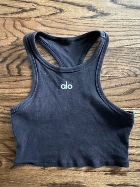 Alo Yoga Aspire Tank Cropped Sleeveless Razorback Black Ribbed Cotton Blend XS